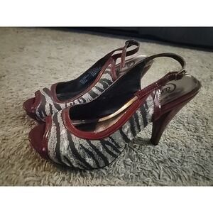 Candie's Red Faux Patent Leather Zebra Slingback Peep Toe Stiletto Heels 7 M